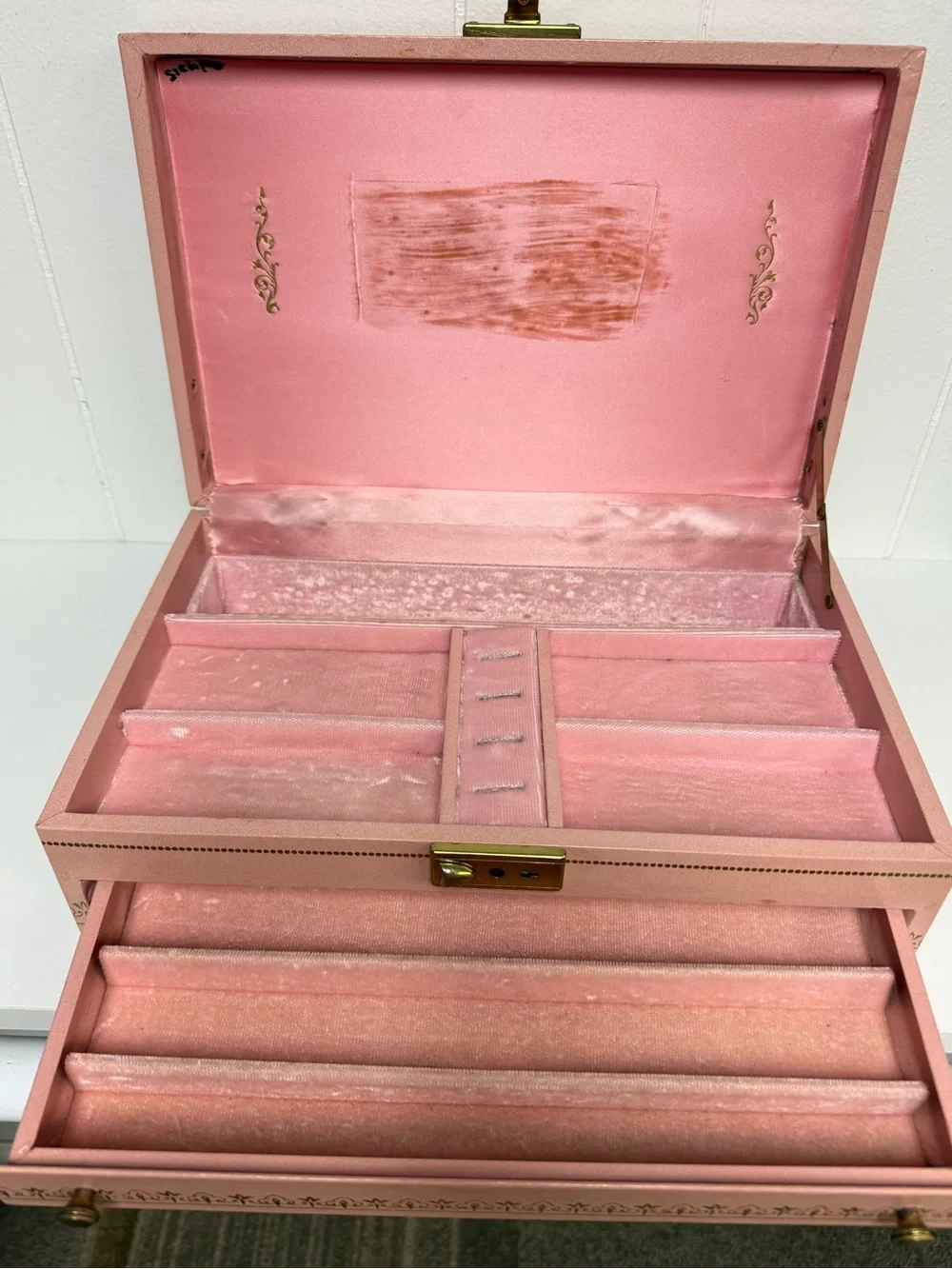 Vintage MCM Mid-Century Jewelry Box Organizer Large Pink w/ Pink Velvet Interior